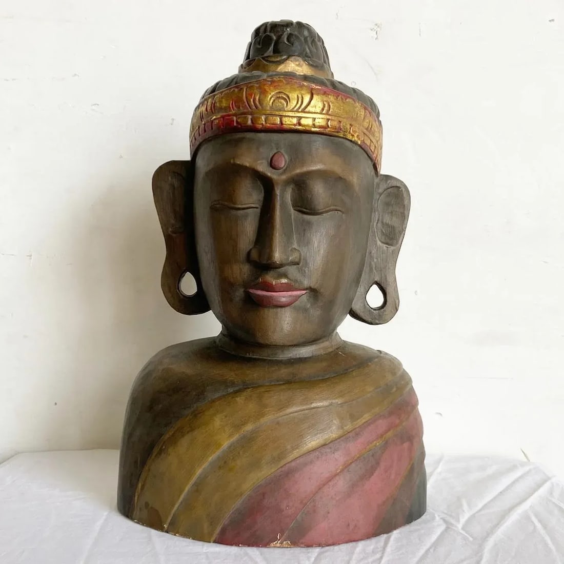 Hand Carved Wooden Buddha Head Bust Statue Sculpture - 2