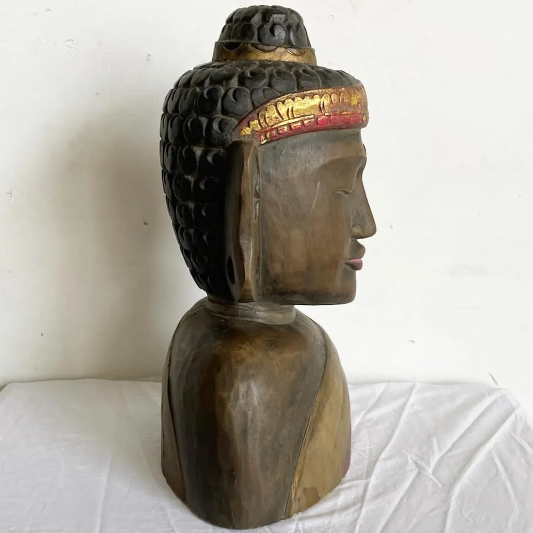 Hand Carved Wooden Buddha Head Bust Statue Sculpture - 3