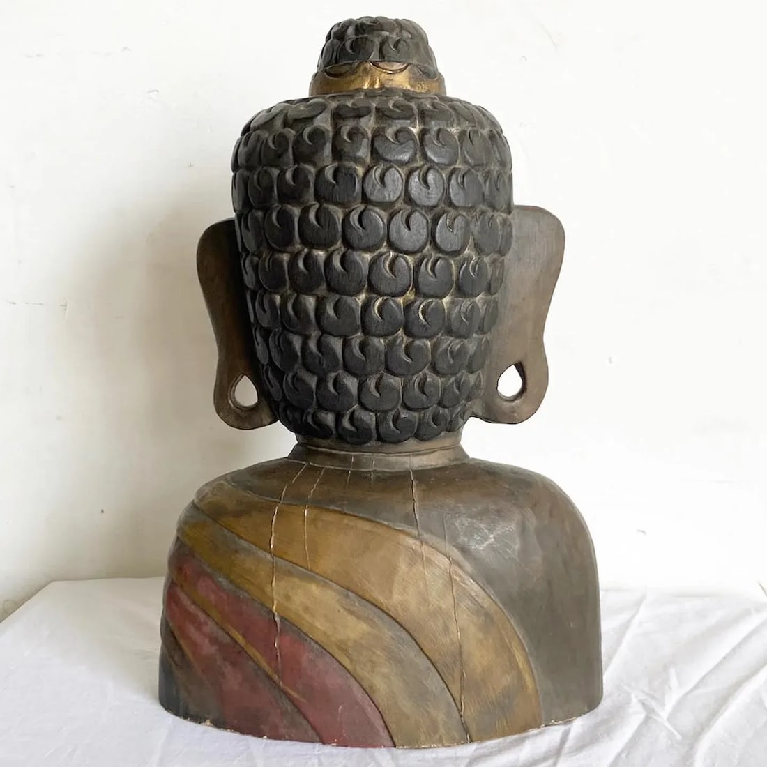 Hand Carved Wooden Buddha Head Bust Statue Sculpture - 4