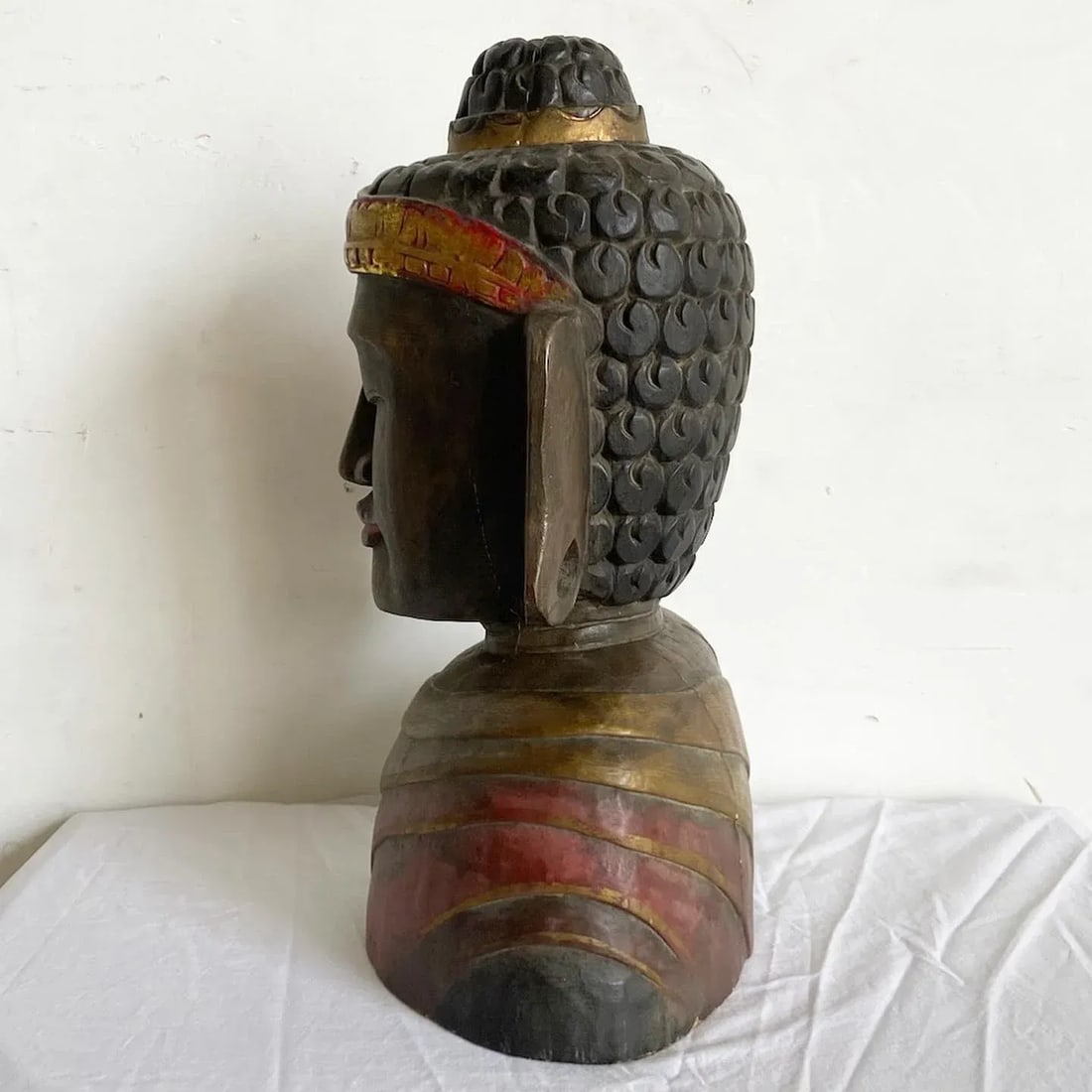 Hand Carved Wooden Buddha Head Bust Statue Sculpture - 7