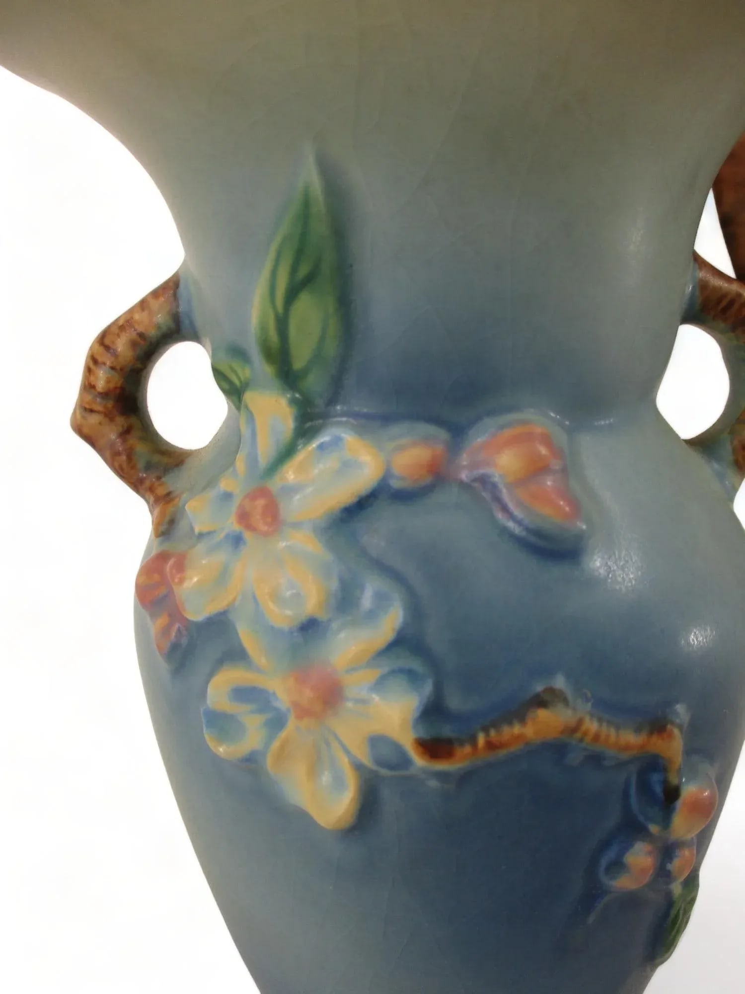 Early 20th Century Blue Roseville Pottery Apple Blossom Vase - 10
