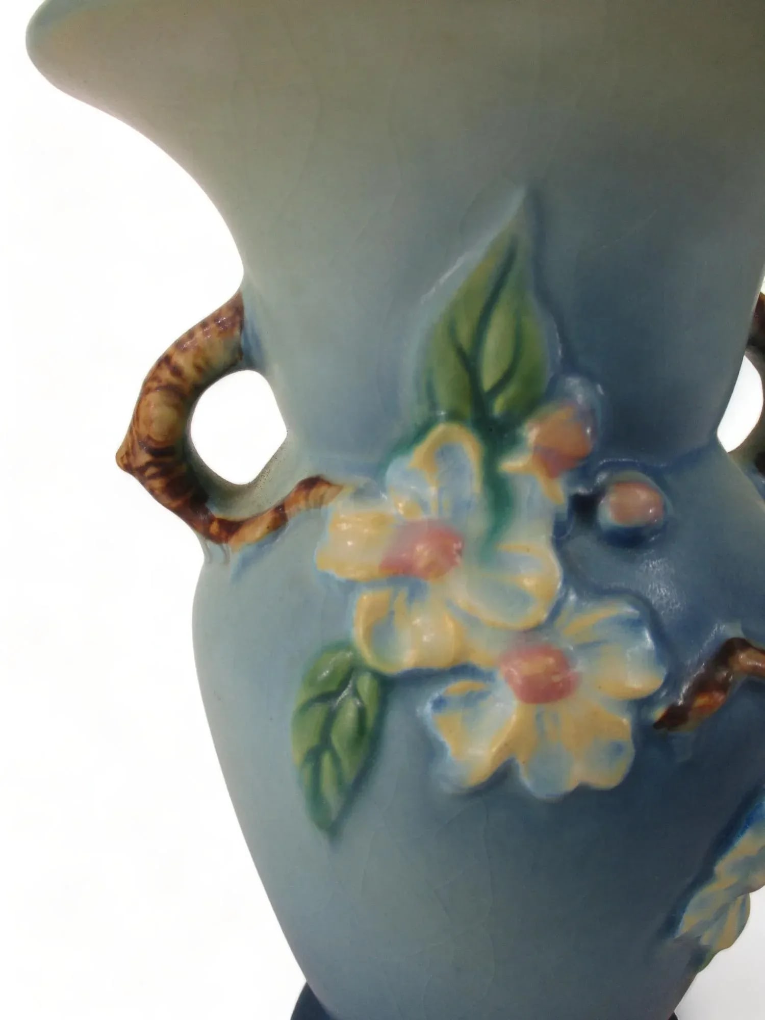 Early 20th Century Blue Roseville Pottery Apple Blossom Vase - 2