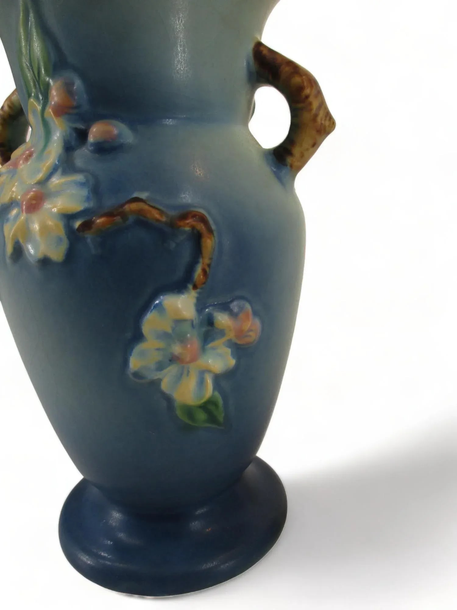 Early 20th Century Blue Roseville Pottery Apple Blossom Vase - 3