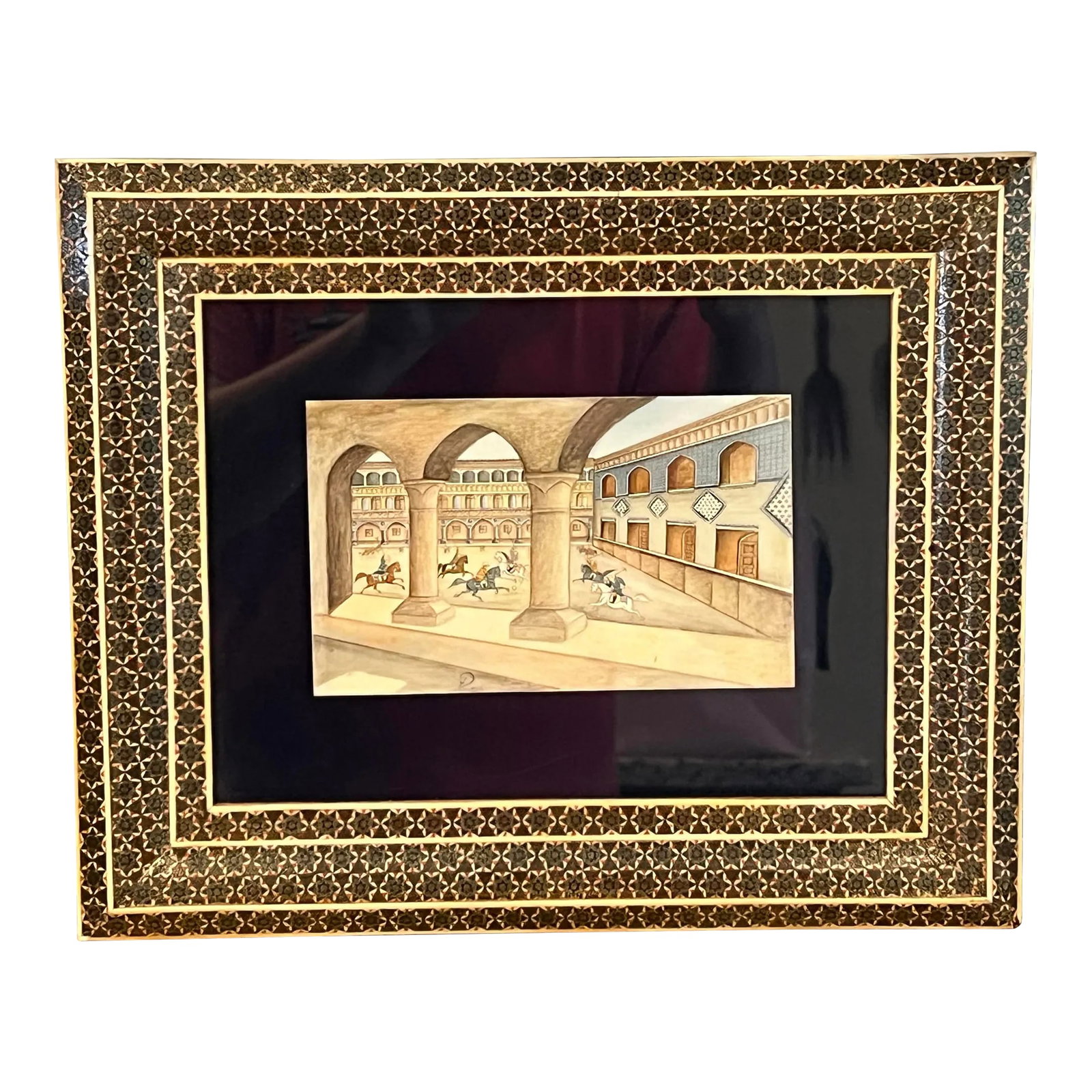 Vintage Persian Handmade Khatam Frame W/ Chovgan Game Painting: Vintage Persian Handmade Khatam Frame w/ Chovgan Game Painting. A fantastic micro mosaic frame with a framed camel bone hand painted Chovgan game. Signed to lower margin. Condition: Alterations: