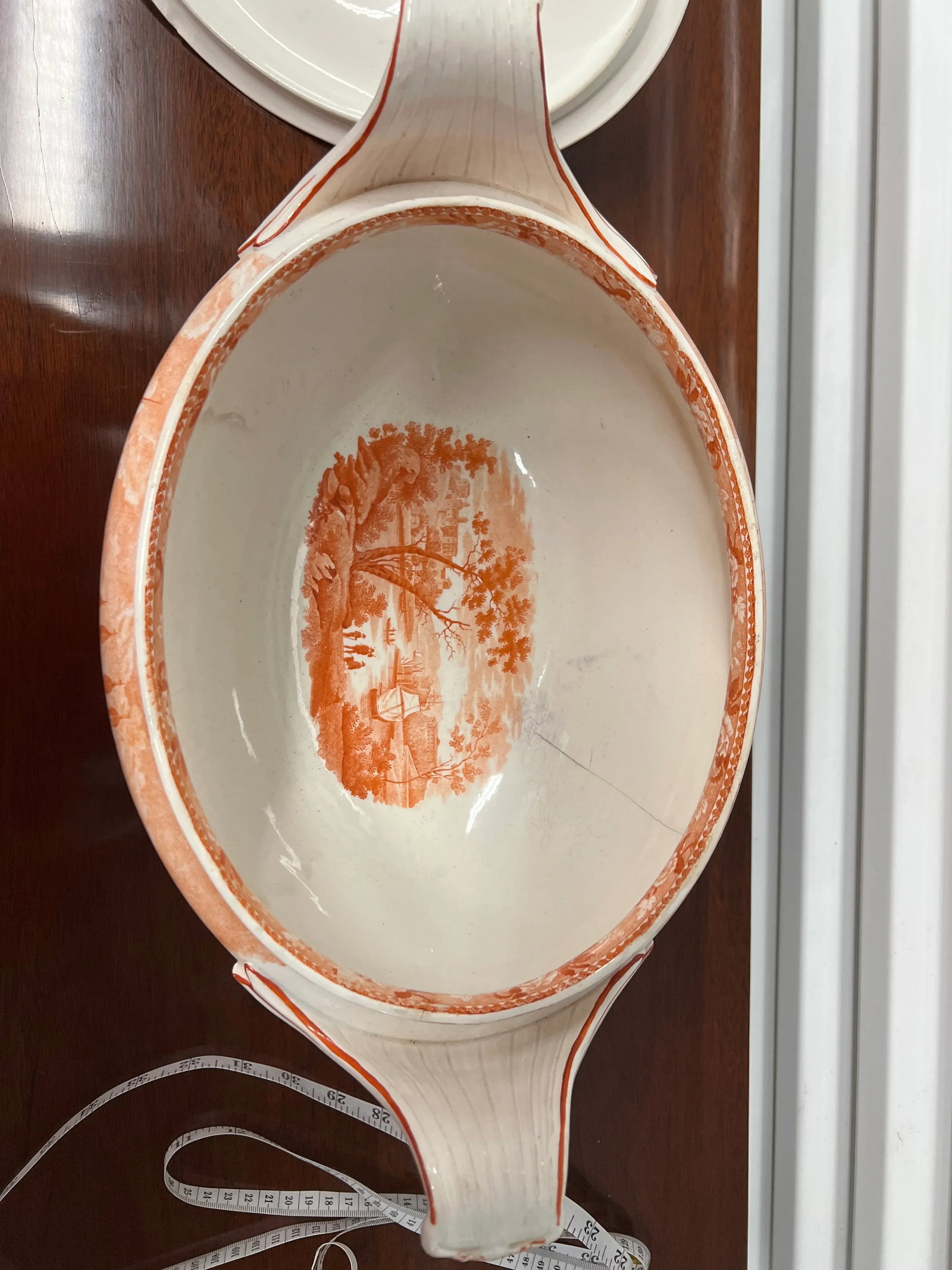 Rare 1840's Wedgwood "Tower of London" in Orange Transfer Pearlware Tureen - 11