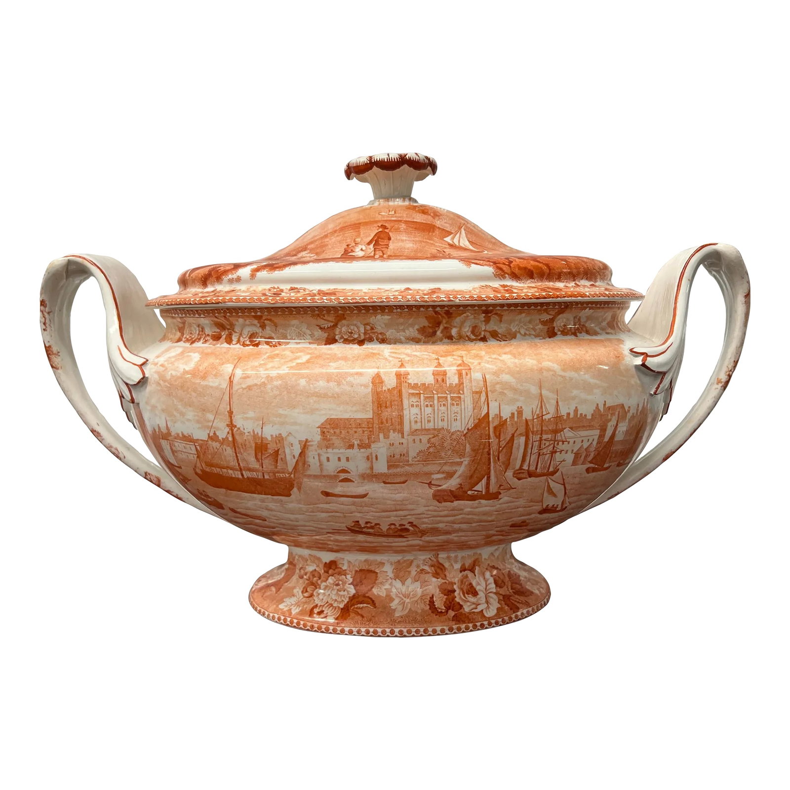 Rare 1840's Wedgwood "Tower of London" in Orange Transfer Pearlware Tureen (1 of 11)