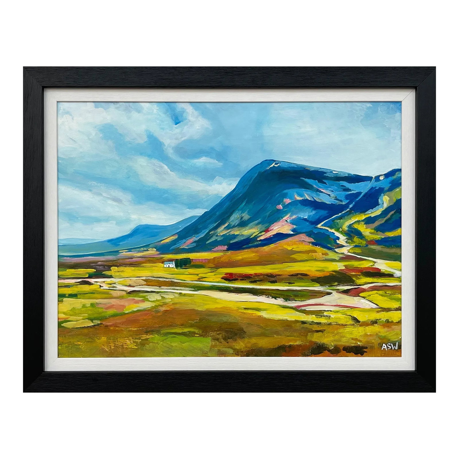 Angela Wakefield Colourful Abstract Landscape Painting of Scottish Highlands Contemporary Artist, 20: Colourful Abstract Landscape Painting of the Scottish Highlands by Leading Contemporary British Artist, Angela Wakefield. Lagangarbh Hut, Buachaille Etive MÃ²r, Glencoe. Art measures 24 x 18