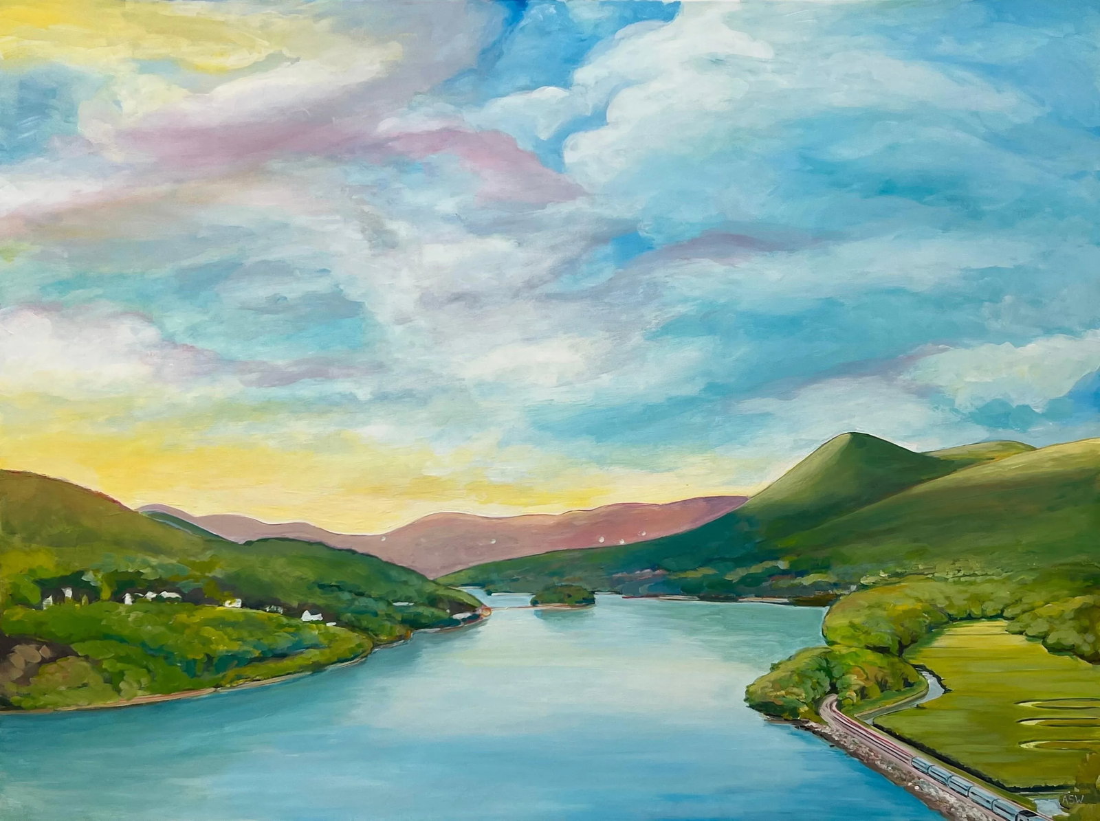 Large Landscape Painting of Hudson River, New York State, Usa by British Artist - 2