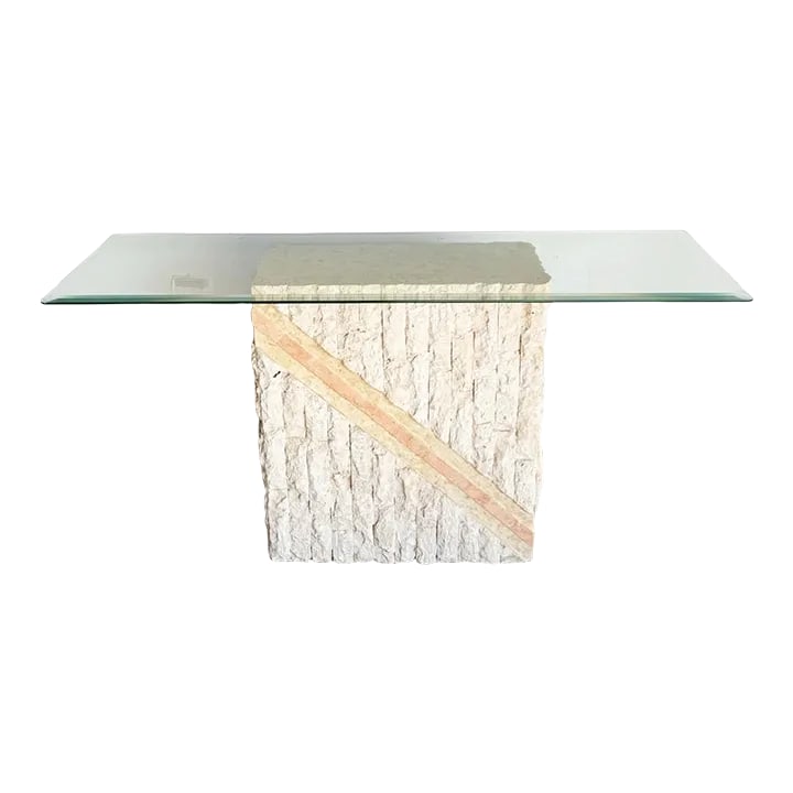 Postmodern Tessellated Pink and Beige Stone Glass Top Console Table: Elevate your interior with the Postmodern Tessellated Pink and Beige Stone Glass Top Console Table. This striking piece beautifully combines postmodern design elements with natural materials. It