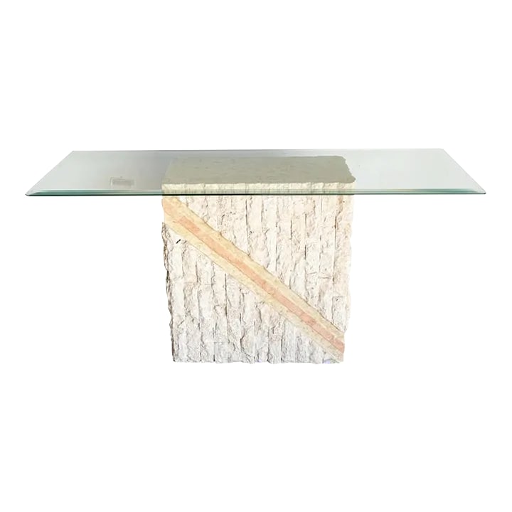 Postmodern Pink and Beige Tessellated Stone Glass Top Console Table: Elevate your home decor with the Postmodern Pink and Beige Tessellated Stone Glass Top Console Table. This stylish piece beautifully encapsulates postmodern design sensibilities, featuring a base