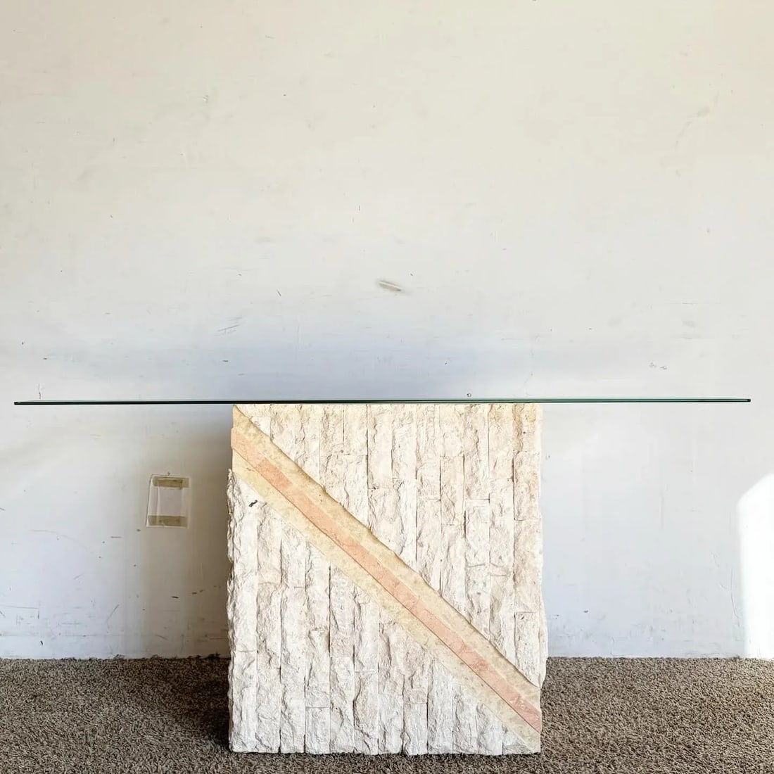 Postmodern Pink and Beige Tessellated Stone Glass Top Console Table - 2