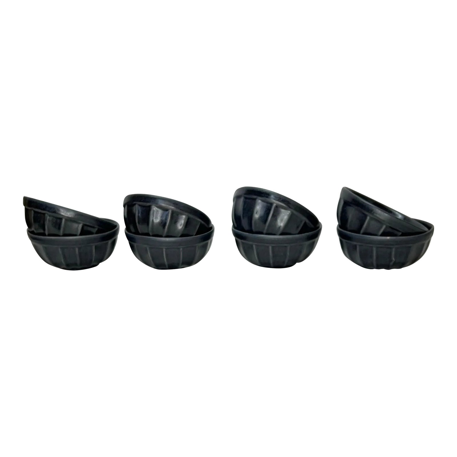 Hand Crafted Black Scalloped Portuguese Pottery Barn Soup Bowls - Set of 8: Hand Crafted black scalloped body soup bowls. Made in Portugal for Pottery Barn. Set of 8. Measures 6" diameter x 2.75" h. Condition: Alterations: Original Condition Unaltered Imperfections: Some