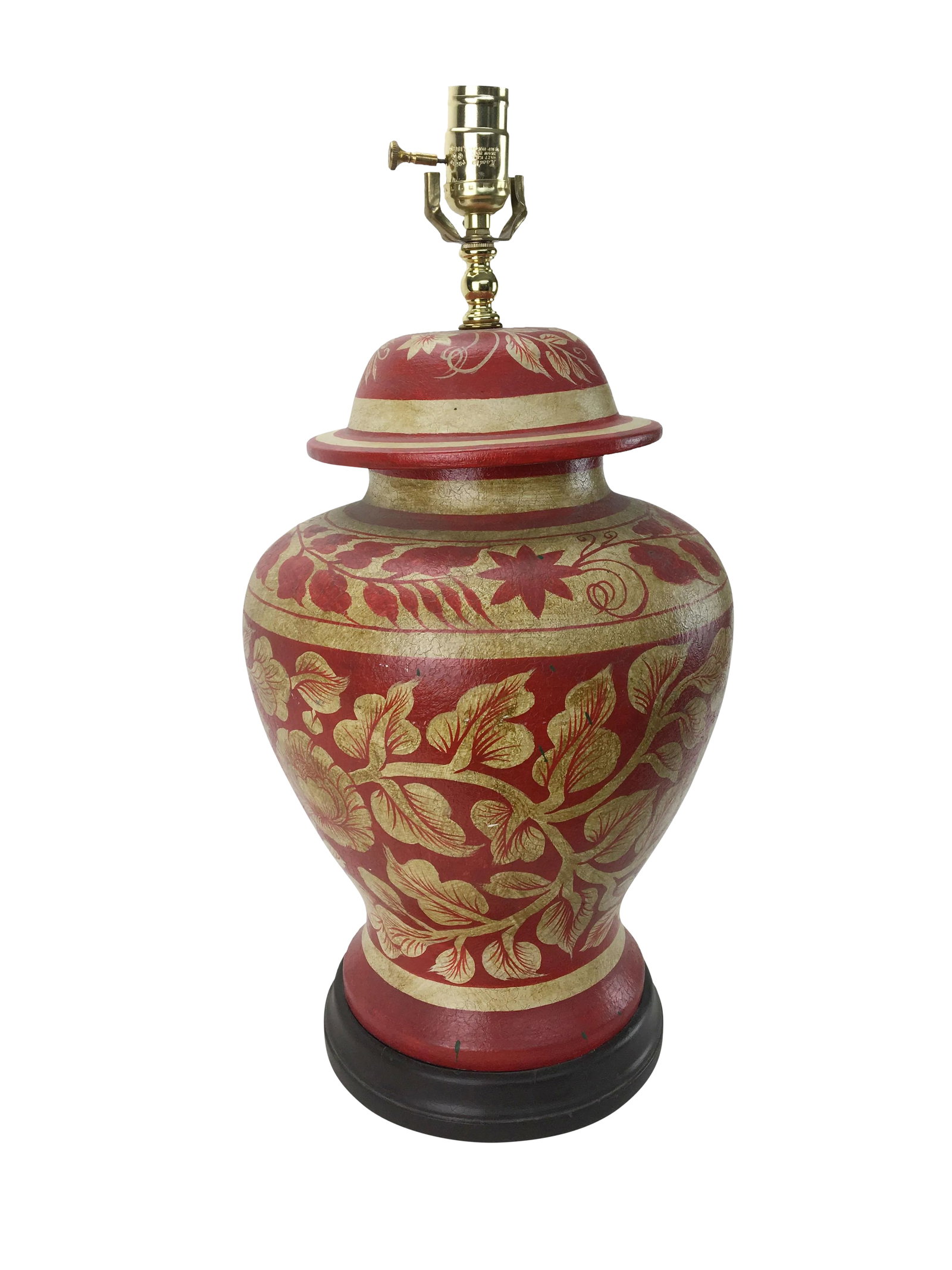 Vintage Hand Painted Leaf Design Temple Jar Lamp: Vintage temple jar lamp with hand painted leave design in Red and White with glaze. Condition: Alterations: Original Condition Unaltered Imperfections: Some Imperfections Condition Notes: In good