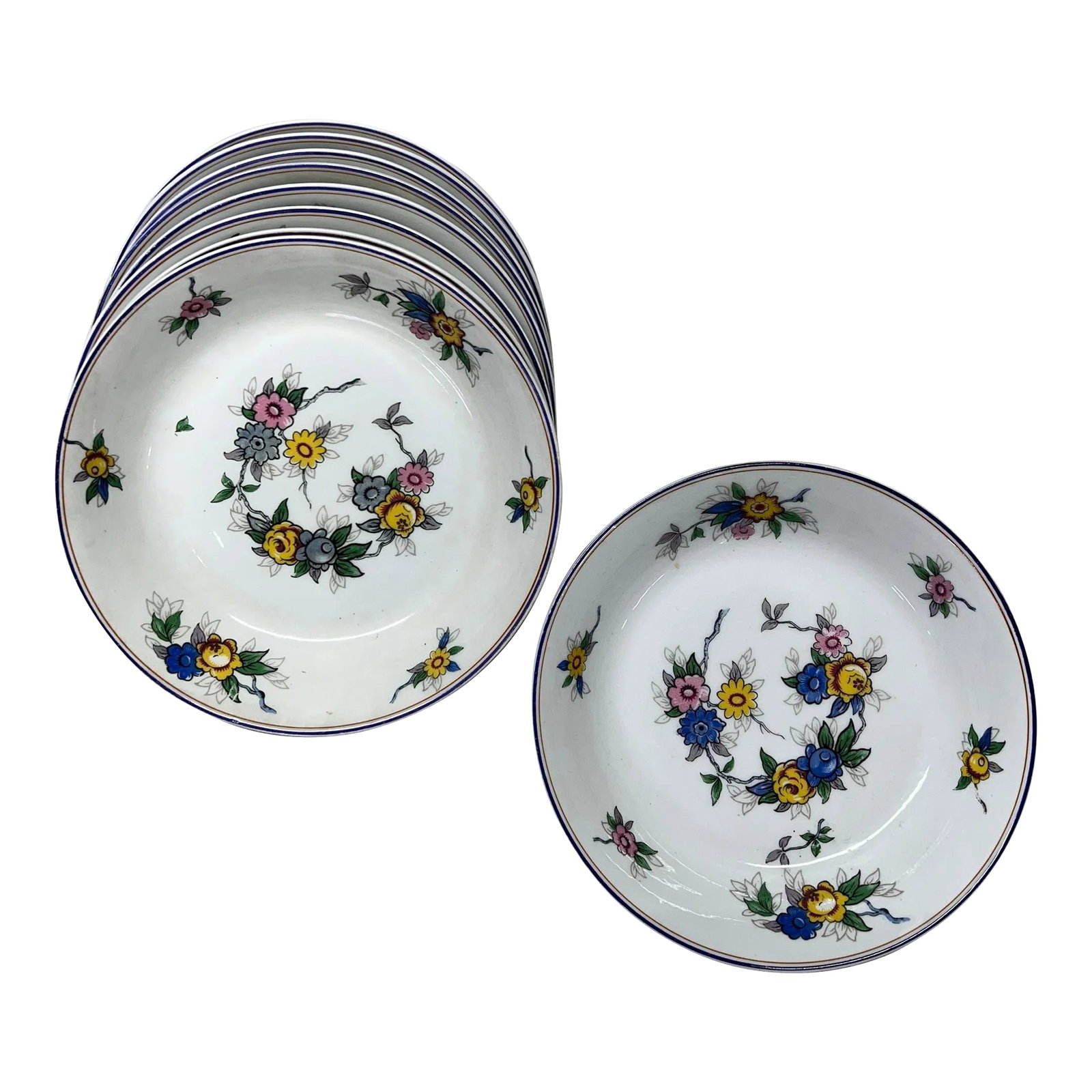 Limoges , France Floral Pattern Soup Bowls - Set of 9: Se of 9 hand paintedLimoges France soup bowls with floral pattern in yellow, pink, green and blue. Condition: Alterations: Original Condition Unaltered Imperfections: Some Imperfections Condition Note