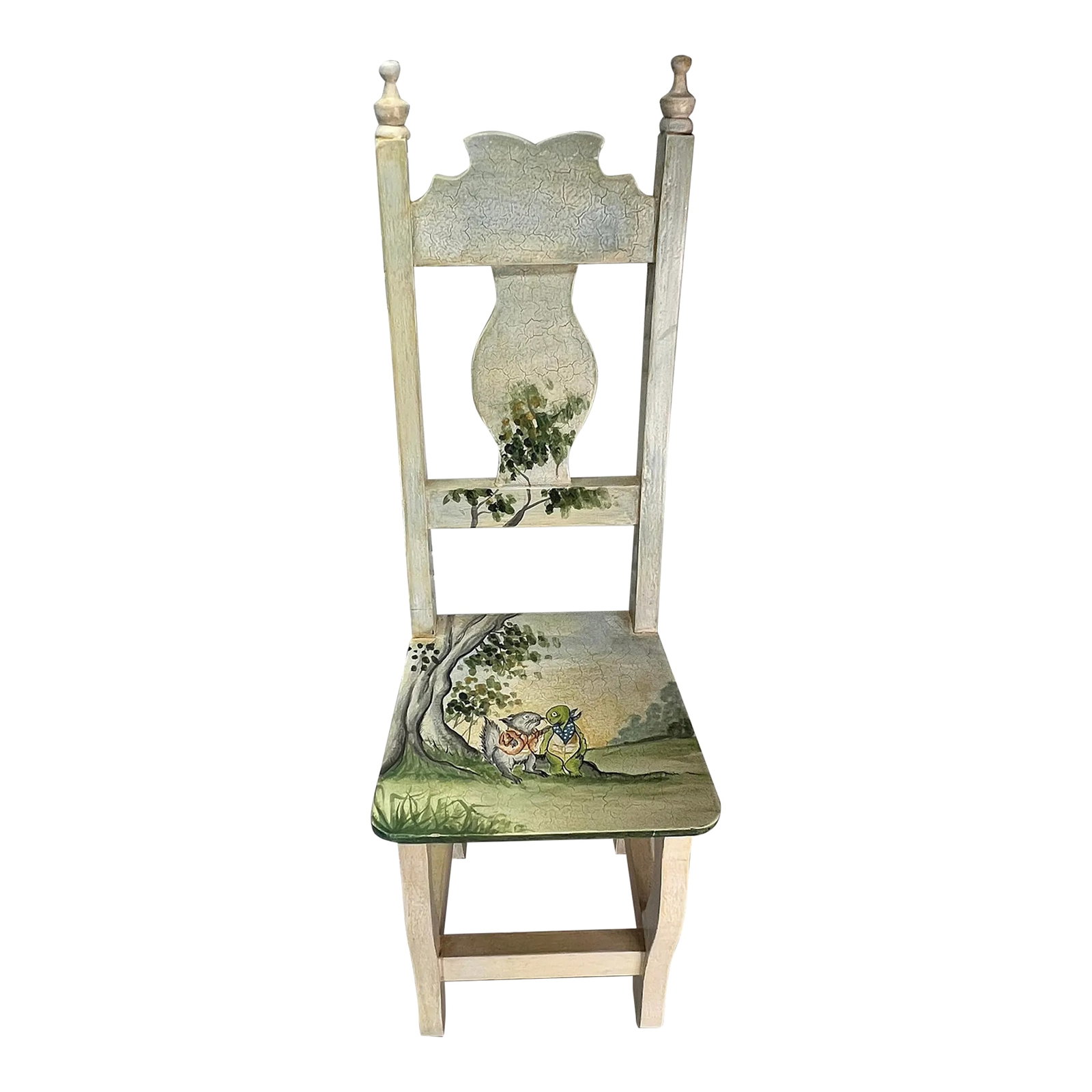 Robert M Weiss Hand Painted Original Art Small Chair: Robert M Weiss hand painted original art chair. Painting features squirrel and tortoise at the base of a tree. Great for a touch of whimsy in any room, child's room, garden display or as an easel for 