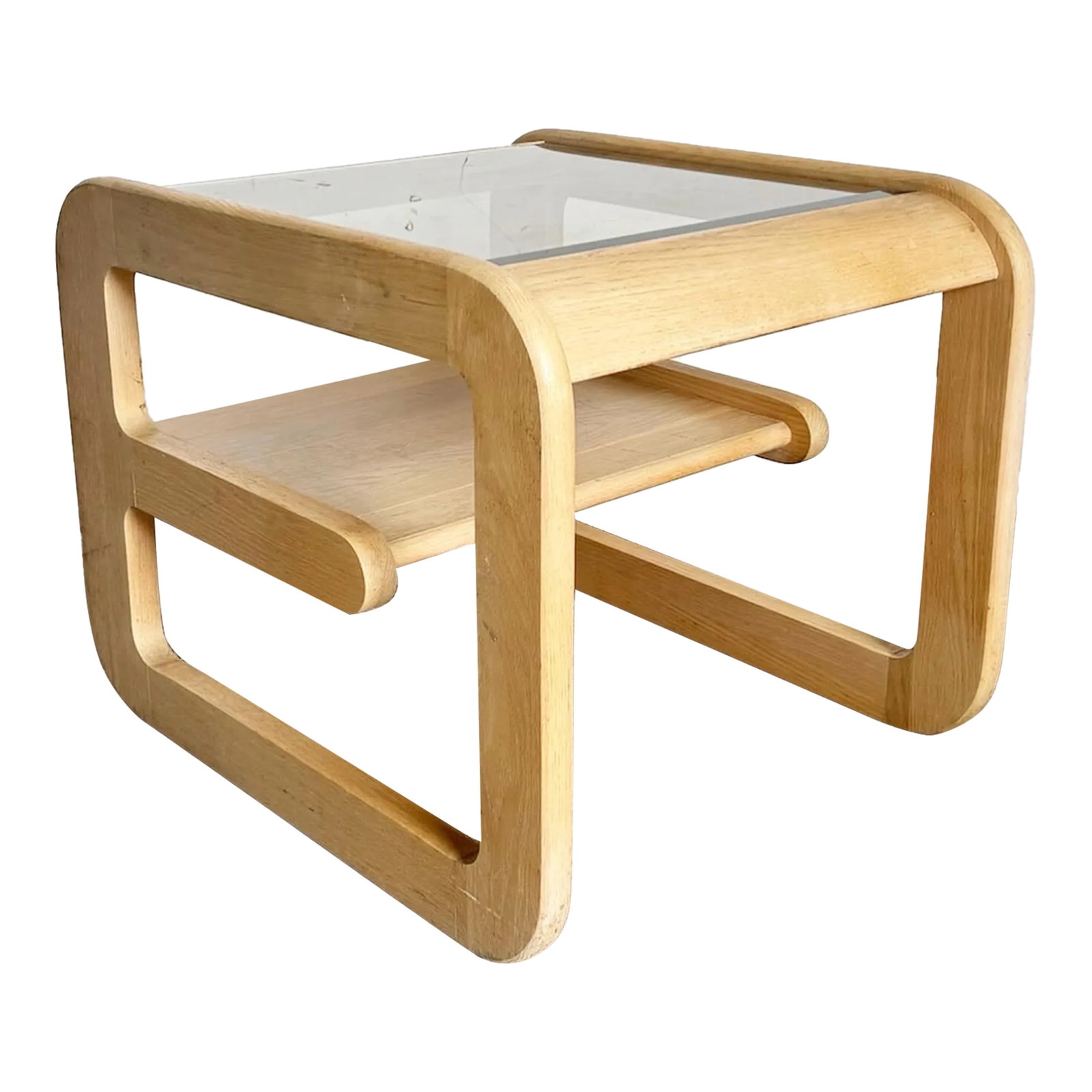 Mid Century Modern Oak Side Table With Smoked Glass Top by Lou Hodges: Add a touch of timeless elegance to your space with this Mid Century Modern Oak Side Table designed by Lou Hodges. Featuring a sturdy oak frame with a rich, natural finish, this table exemplifies the 