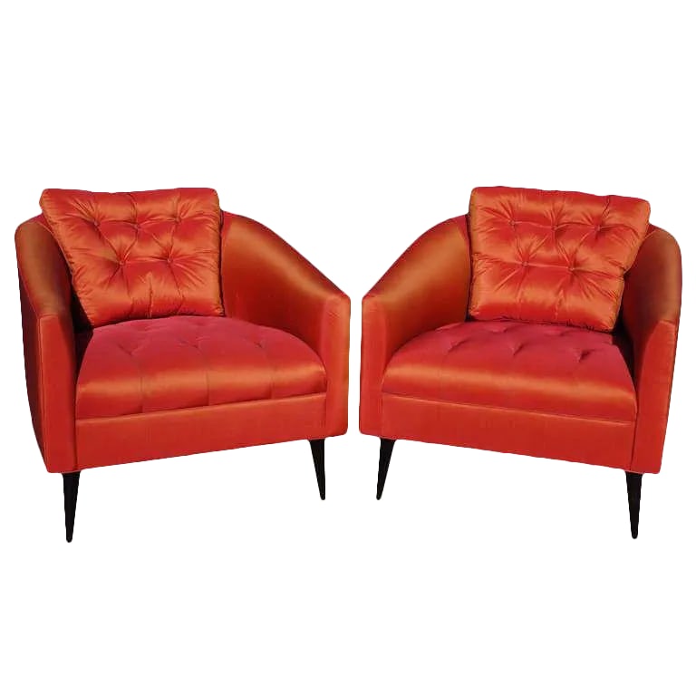 Mid-Century Modern Satin Chairs - a Pair: A gorgeous pair of red/orange silk/satin chairs. Beautiful tufting adds the perfect detail to these comfortable chairs. Circa 1950s, United States. Arm height is 20". Seat height is 15". Condition:
