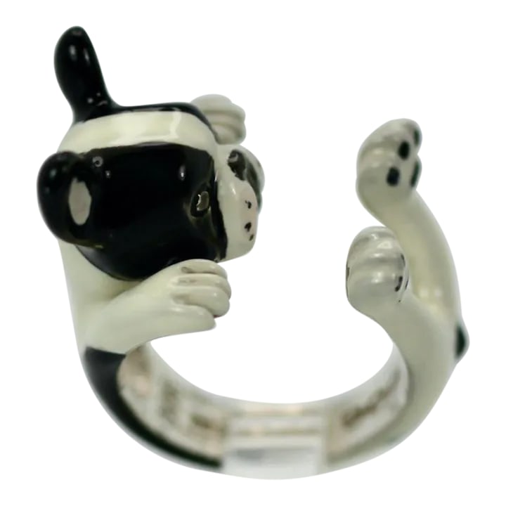 Enamel Silver Boston Terrier Dog Ring Size 7: This is part of Chairish's Fine Jewelry assortment. Enamel Silver Boston Terrier Dog This ring depicts a boston terrier and is just delightful. This ring is made in sterling silver with a Ceramic enam