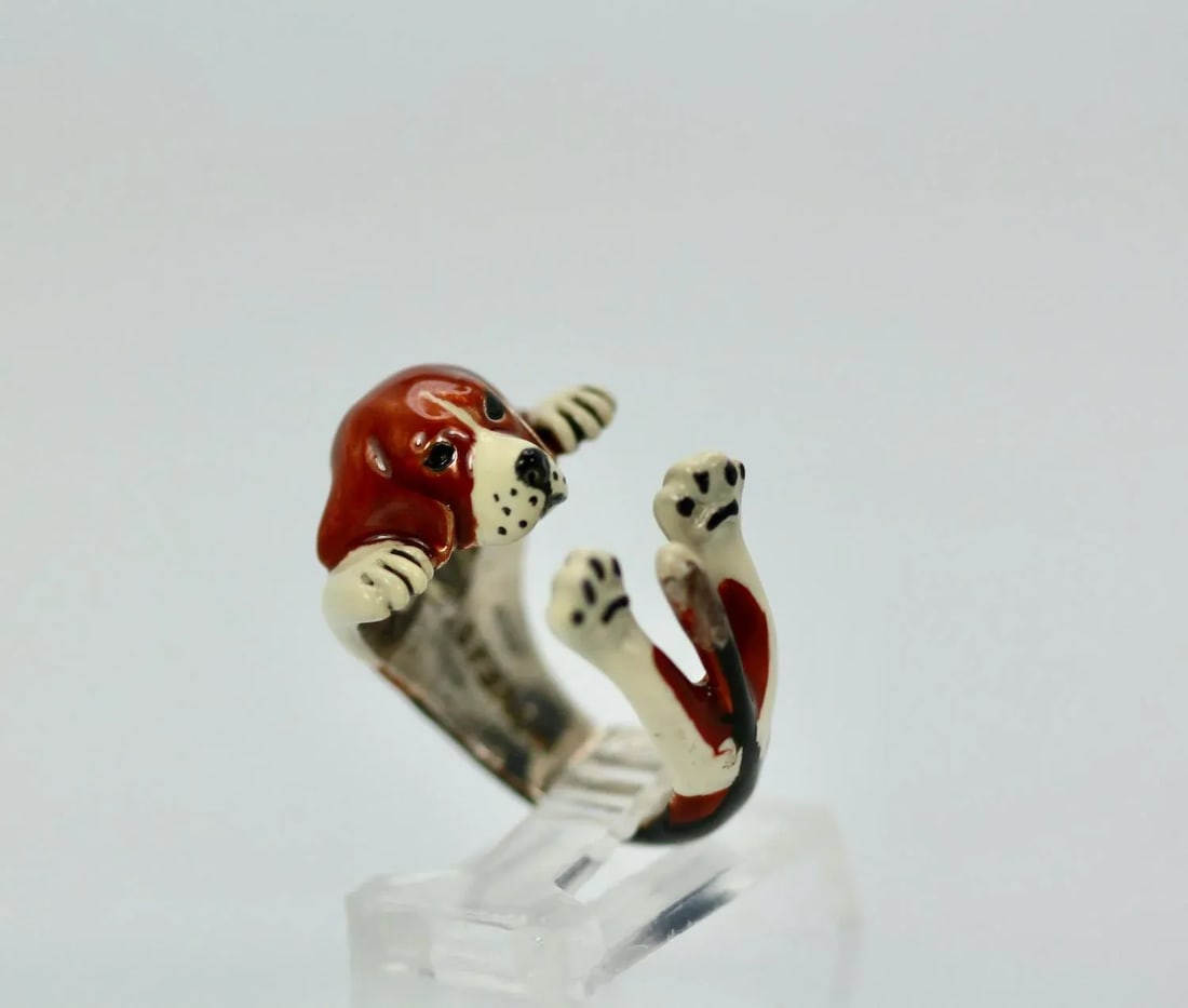 Enamel on Silver Ceramic Beagle Dog Ring Size 6.5 - 11