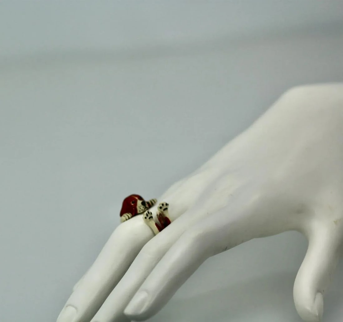 Enamel on Silver Ceramic Beagle Dog Ring Size 6.5 - 2