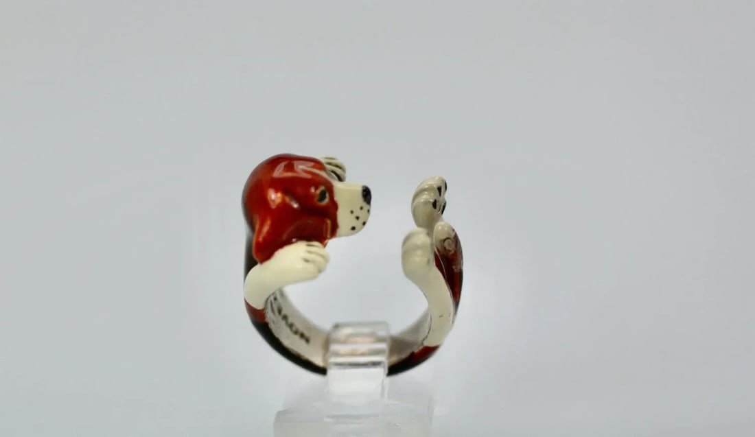 Enamel on Silver Ceramic Beagle Dog Ring Size 6.5 - 3