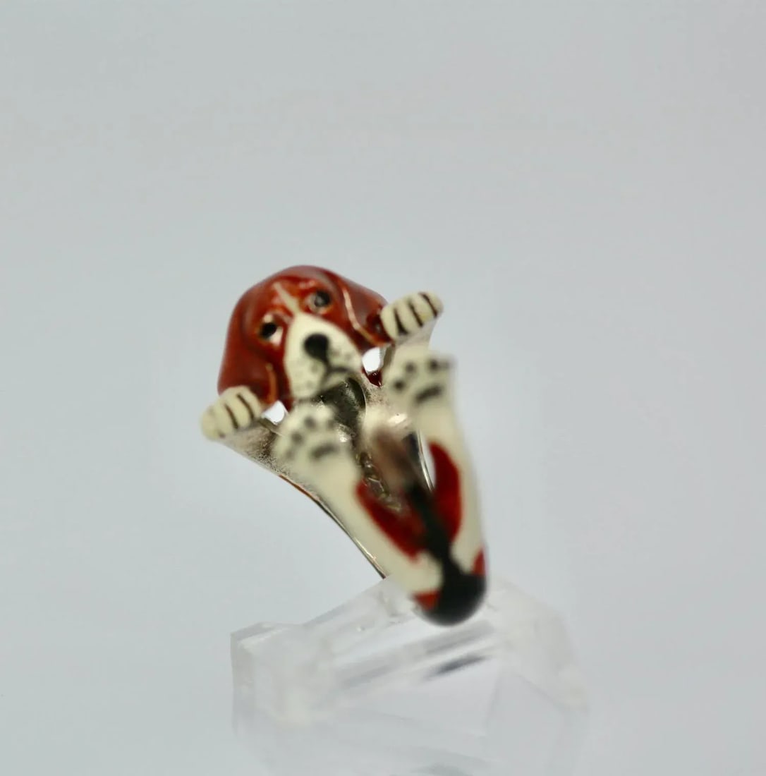 Enamel on Silver Ceramic Beagle Dog Ring Size 6.5 - 6