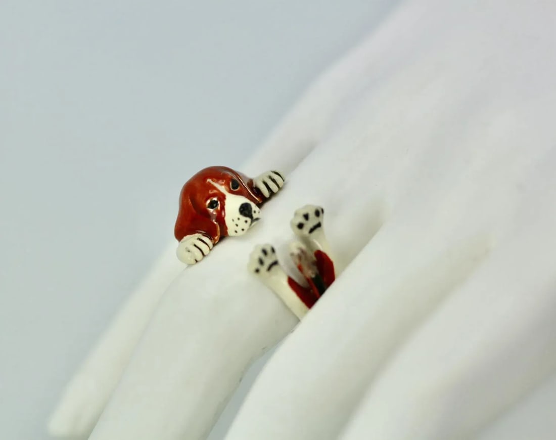 Enamel on Silver Ceramic Beagle Dog Ring Size 6.5 - 8