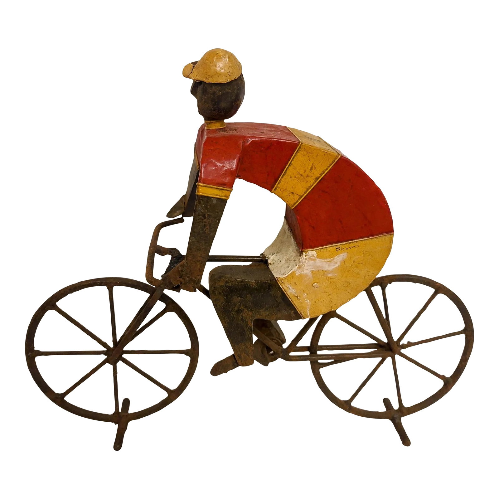 Vintage Manuel Felguerez Modern Bicyclist Sculpture: Manuel Felguerez Signed Sculpture of Bicyclist in Red/Yellow Jersey #18. - A rare and extremely well made work of art, by well known multi talented artist who became a pioneer in the digital art