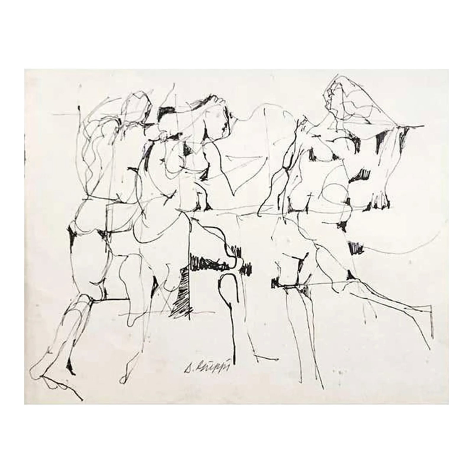 Abstract Expressionist Ink Drawing on Paper by Salvatore Grippi: This ink figurative abstract Expressionist piece on paper is signed by its creator, noted New York School artist Salvatore Grippi. Though undated, the piece is similar in form and style to many of