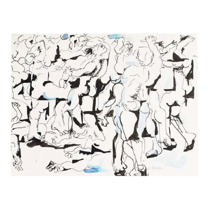 Midcentury Abstract Expressionist Watercolor Painting, Salvatore Grippi, Blue: This ink and watercolor figurative abstract expressionist piece on paper is signed by its creator, noted New York School artist Salvatore Grippi. Though undated, the piece is fits in the group of