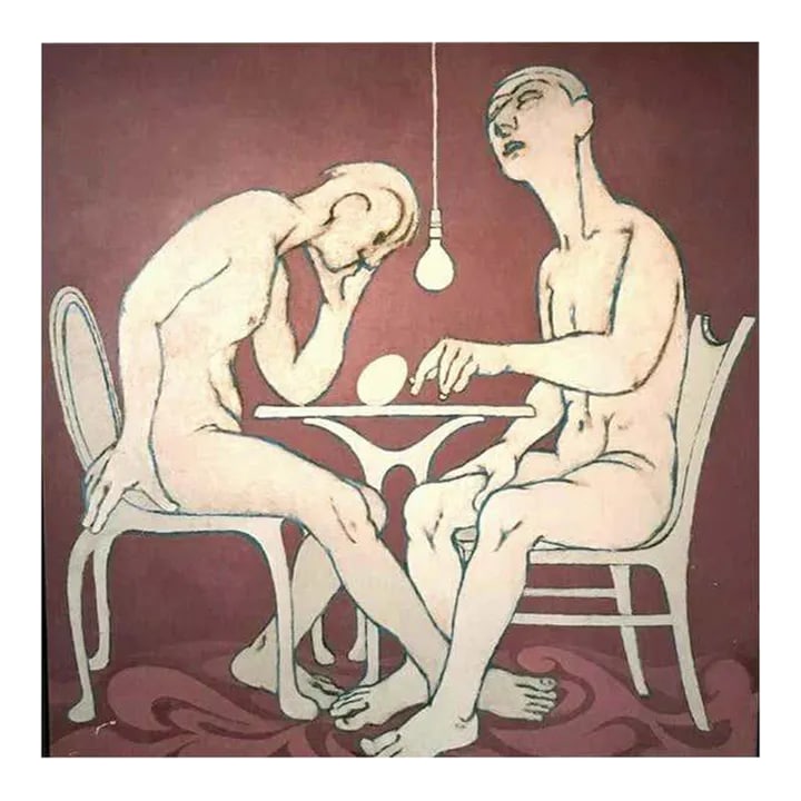 Midcentury Figural Oil Painting "Triumph of the Egg", 1970s: Midcentury figural oil painting "Triumph of the Egg", 1970s. Condition: Alterations: Original Condition Unaltered Imperfections: Some Imperfections Condition Notes: Wear consistent with age and use.