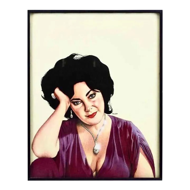 Modern Pop Art Elizabeth Taylor Portrait in Pencil by Bill Nelson, 1980: Stunning early master illustration by Bill Nelson in his preferred medium of colored pencil for the Cincinnati Magazine cover story (May 1980). Framed. Taylor stares out at the viewer in a modern take
