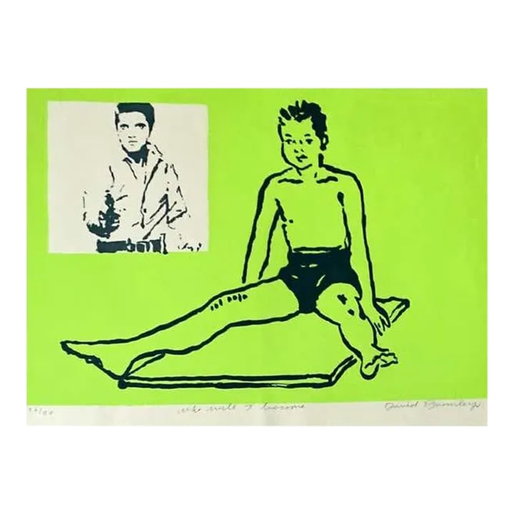David Bromley Aussie Pop Art Silk Screen Painting "˜Boy Leaping' 1990s Modern Art: David Bromley immigrated with his family as a child to Australia where he still lives. Self-taught, he began his artistic career as a potter, and then, with a focus on painting, became known for his