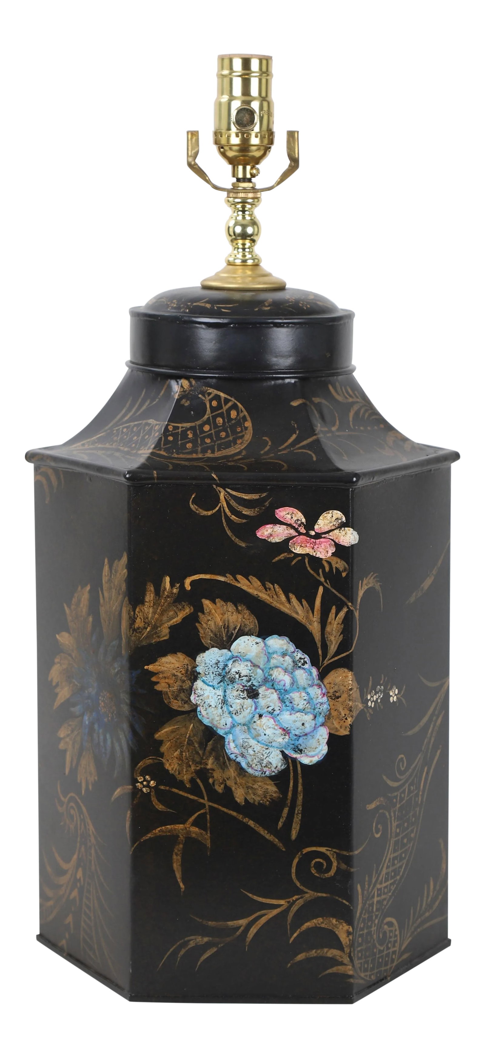 Vintage Famille Rose Hexagon Style Tea Caddy Lamp: This hexagon style tea caddy lamp is hand painted decorated with arabesque flora in gold paint. The two pieces with slightly different arrangement. Condition: Alterations: Original Condition