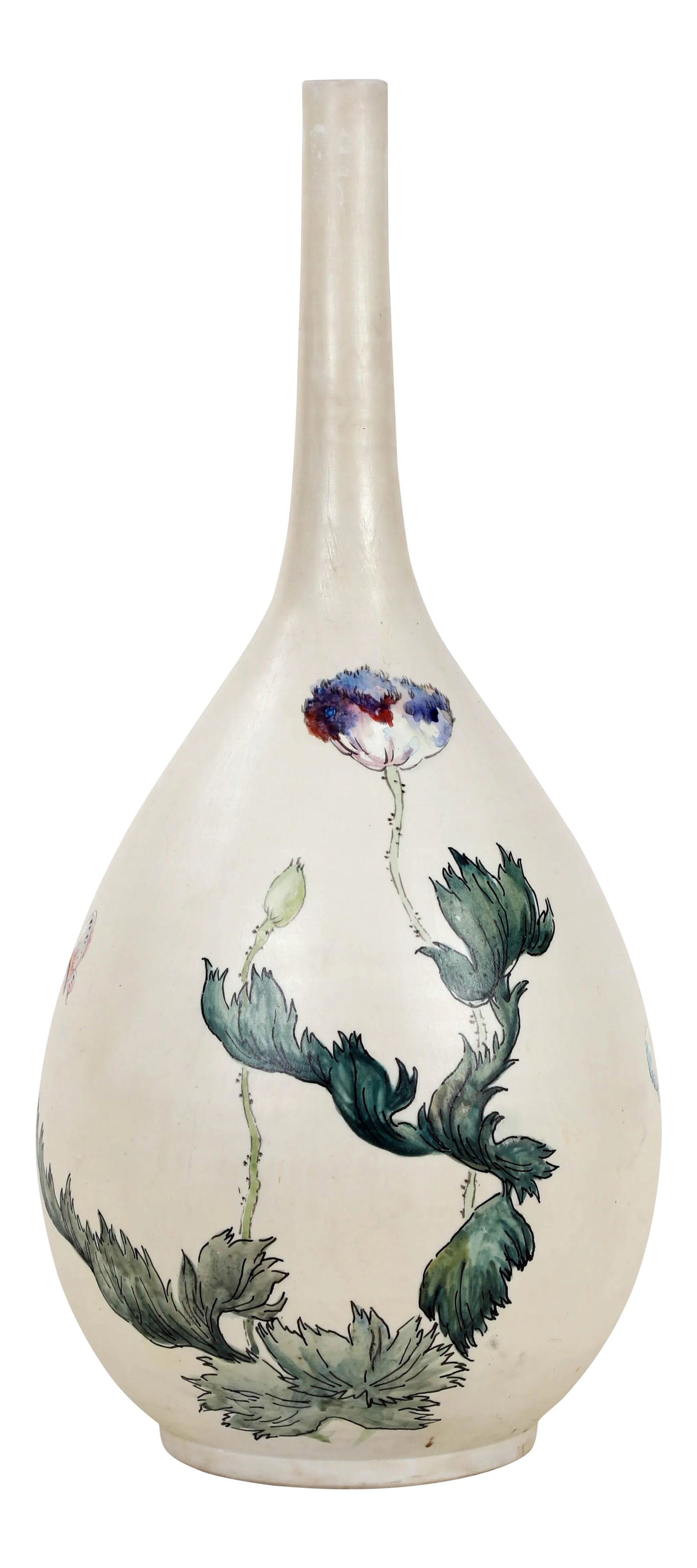 Vintage Porcelain With Hand Painted Flowers Motif Vase: This delicately fluted flask vase has an eggshell sheen that supports the hand painted flora design as if nurturing the flowers inside. Elegently simple, it contributes significantly to any decor.