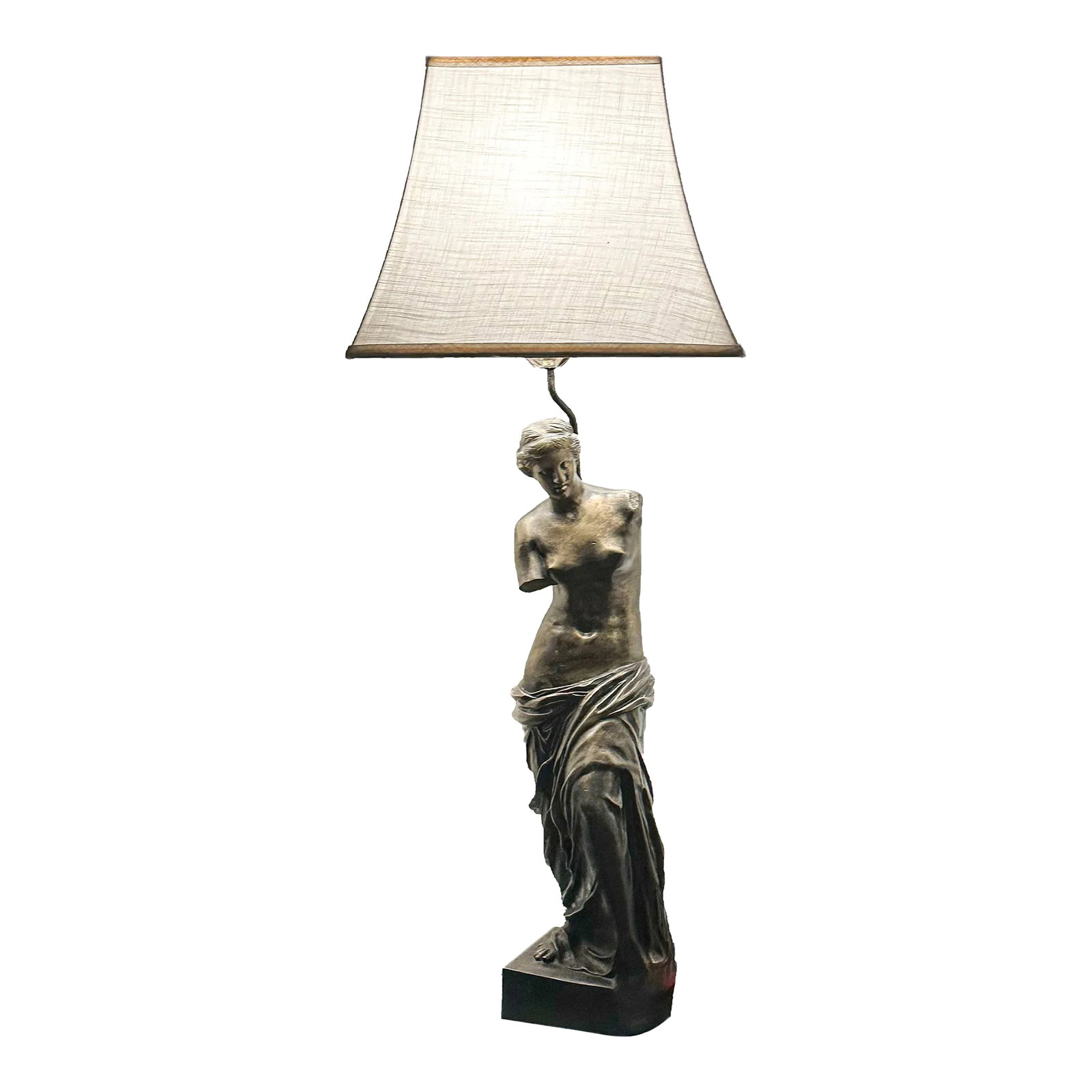 Midcentury Neoclassical Cast Bronze Venus De Milo Table Lamp: Midcentury cast bronze Venus de Milo table lamp, neoclassical, monumental light. Gorgeous piece. Quite heavy. 30" H to socket. Shade in photo is for display only and not included. Condition: