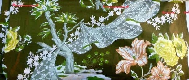 Moss Green Floral Trompe L'Oeil Handprinted Linen, Schumacher, Kent Garden, 1971 - 7 Yards - 10