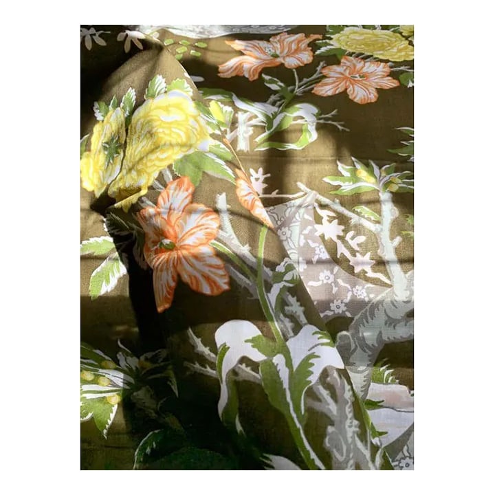 Moss Green Floral Trompe L'Oeil Handprinted Linen, Schumacher, Kent Garden, 1971 - 7 Yards (1 of 10)