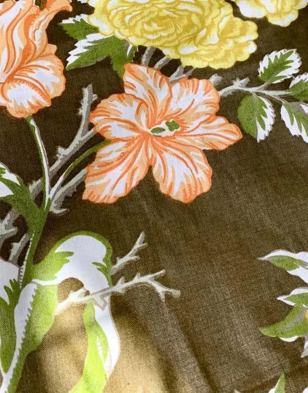 Moss Green Floral Trompe L'Oeil Handprinted Linen, Schumacher, Kent Garden, 1971 - 7 Yards - 2