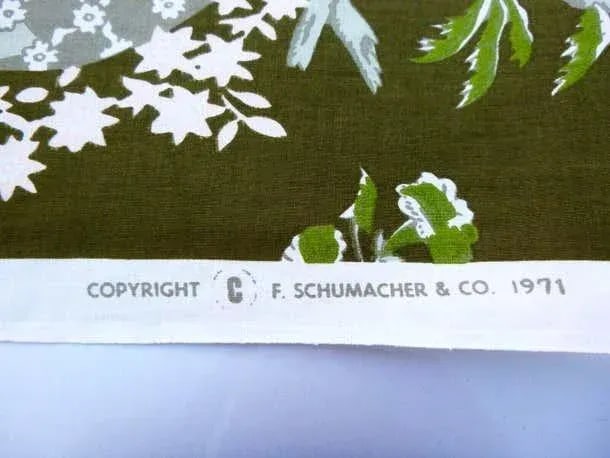 Moss Green Floral Trompe L'Oeil Handprinted Linen, Schumacher, Kent Garden, 1971 - 7 Yards - 3