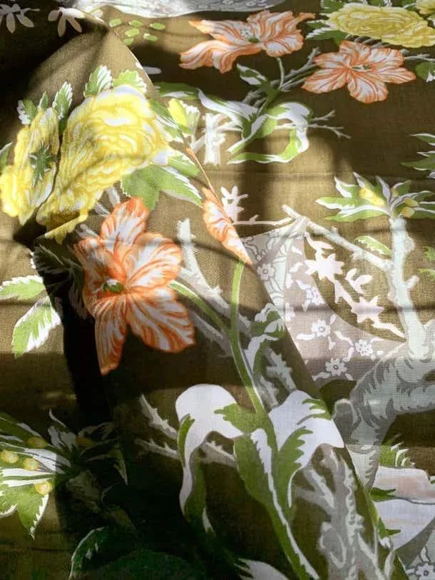 Moss Green Floral Trompe L'Oeil Handprinted Linen, Schumacher, Kent Garden, 1971 - 7 Yards - 9