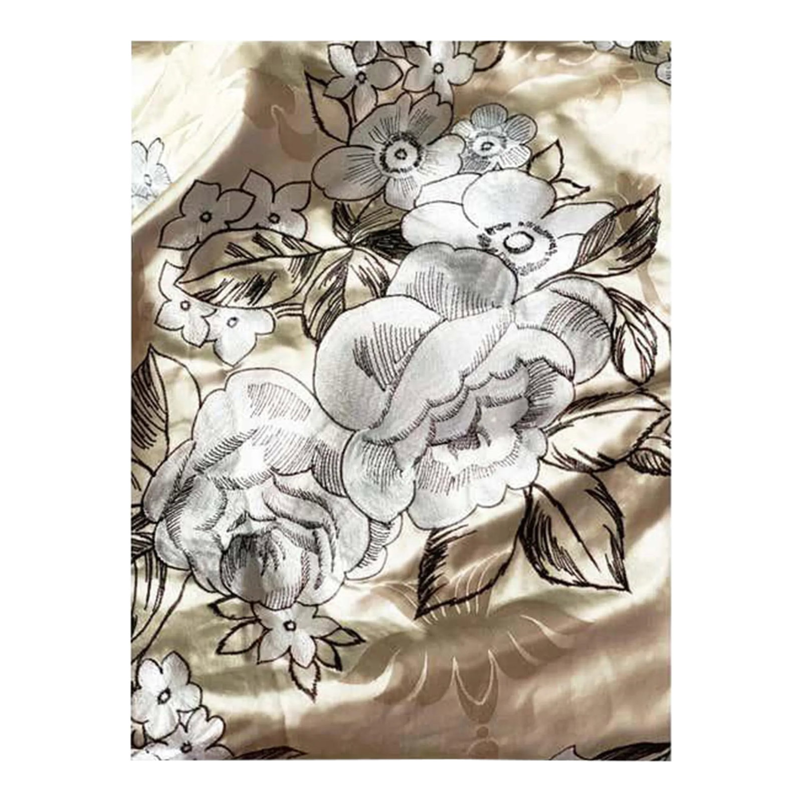 Vintage Embroidered Silk Charmeuse Fabric, White Floral Champagne Taupe, Rare - 7 Yards (1 of 5)