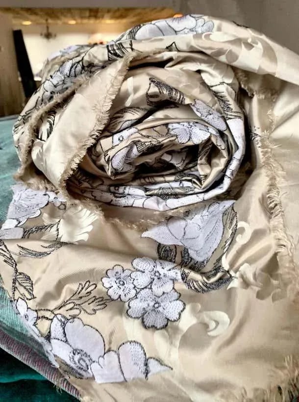 Vintage Embroidered Silk Charmeuse Fabric, White Floral Champagne Taupe, Rare - 7 Yards - 2