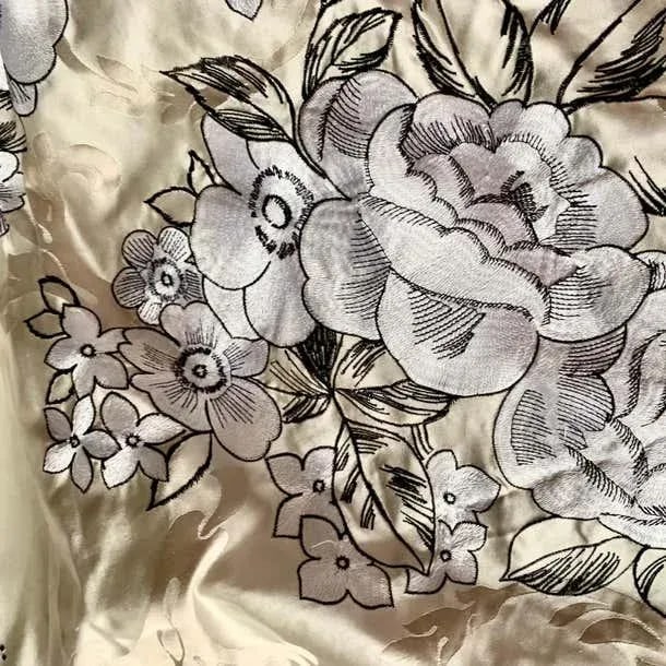 Vintage Embroidered Silk Charmeuse Fabric, White Floral Champagne Taupe, Rare - 7 Yards - 3