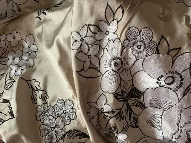 Vintage Embroidered Silk Charmeuse Fabric, White Floral Champagne Taupe, Rare - 7 Yards - 5