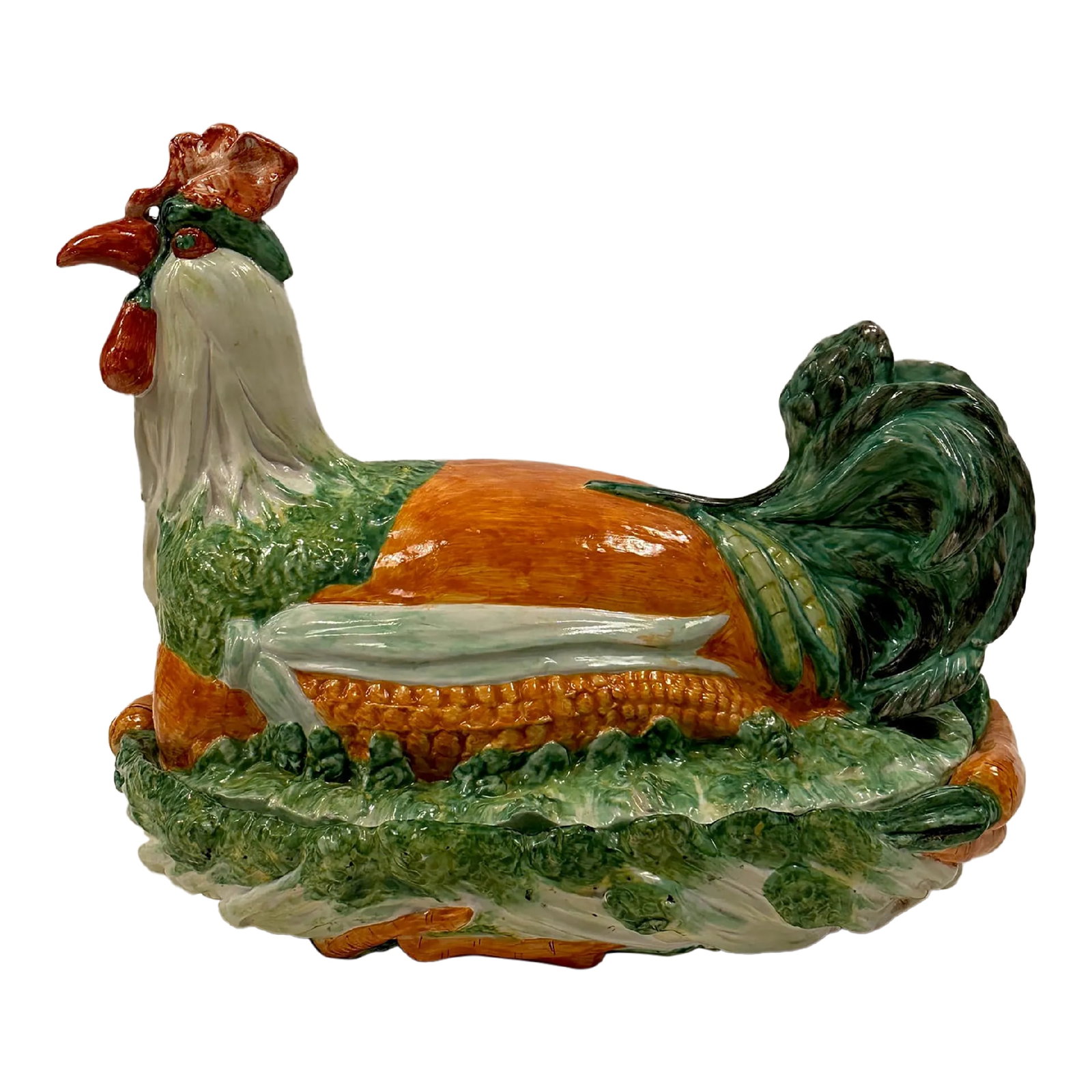 Italian Ceramic Majolica Rooster and Vegetable Tureen: Wonderfully decorative hand painted ceramic Italian rooster tureen encrusted with vegetables. 2" depth of bowl Condition: Alterations: Original Condition Unaltered Imperfections: Some Imperfections Co