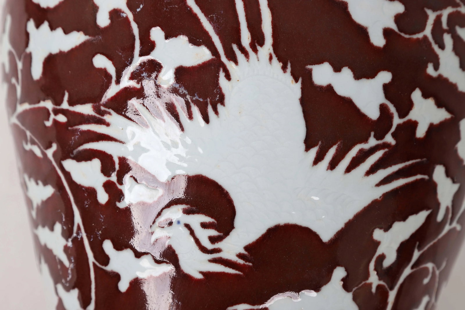 Early 20th-Century Chinese Red-Glazed Vase With Carved White Phoenix and Floral Motifs. - 7