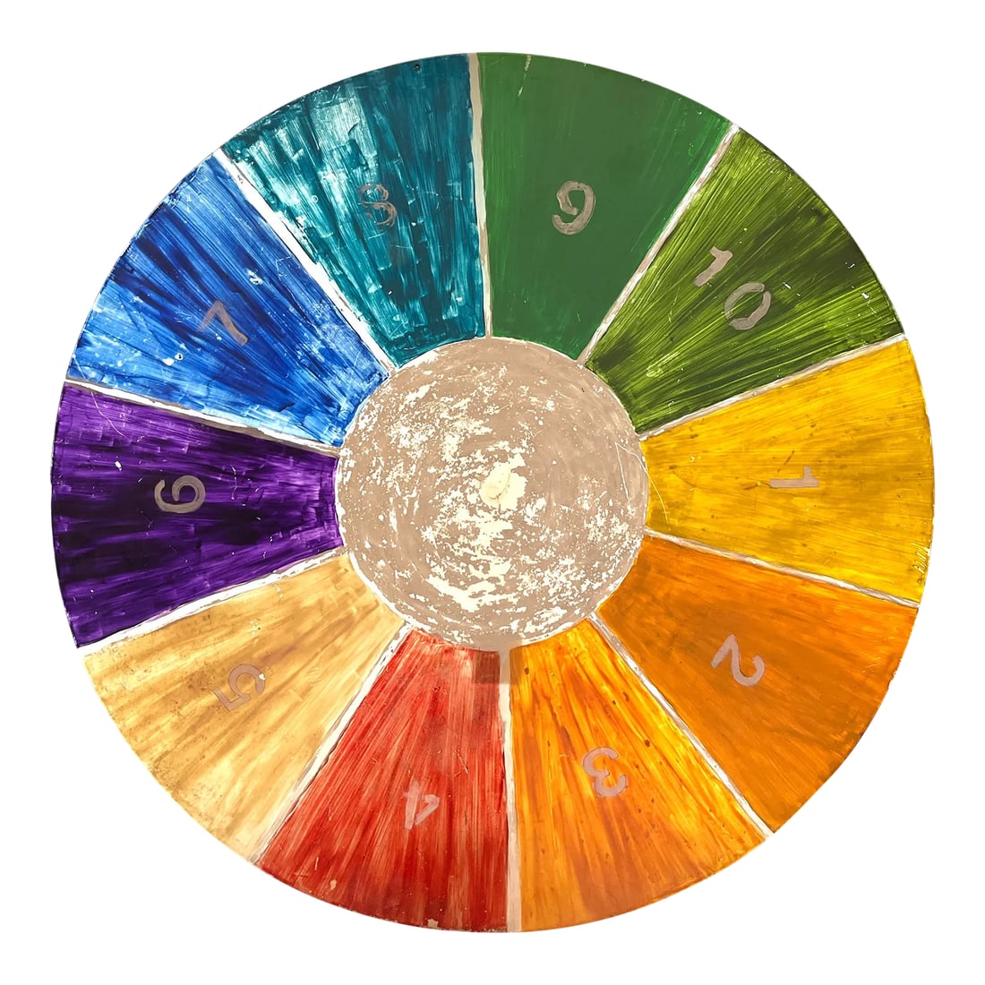 1960s Huge Hand Painted Folk Art Color Wheel Double Sided Numbered Painting: Approx. 3 foot by 3 foot color wheel painted on circular plexiglass. Hand-numbered 1 through 10 on one side, no numbers on the other. One of a kind piece that makes big, colorful impact on a wall or h
