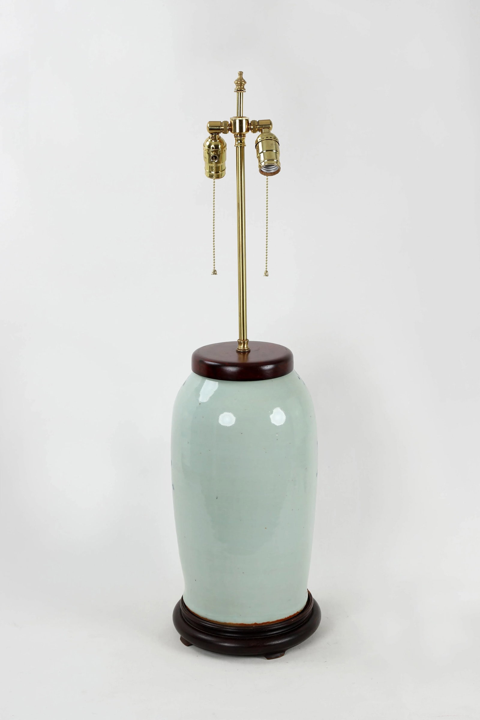 Vintage 19 Century Double Bulb Pull Switch Blue and White Celadon Porcelain Lamp Study Room Designti - 10