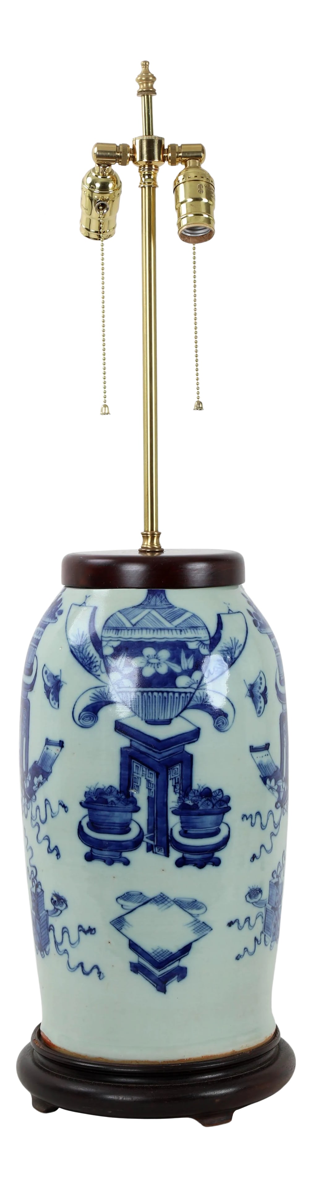 Vintage 19 Century Double Bulb Pull Switch Blue and White Celadon Porcelain Lamp Study Room Designti: This blue and white porcelain lamp is decorated wholly on the front with depictions of planters and vases on pedestals, invoking an image of a courtyard from ancient times. Study room design.